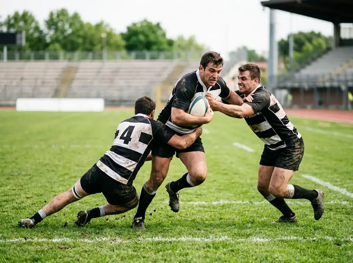 Giocatori di rugby in maglia bianconera a strisce verticali in azione sul campo